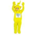 Kids yellow Teletubby costume full body view showing plush jumpsuit with hood