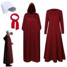 Womens Dystopian Cloak costume showing burgundy dress with white bonnet and red cloak