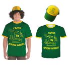 Forest green 80s camp costume T-shirt with yellow trim and retro computer graphic