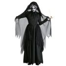 Womens zombie bride costume in black with hooded veil and tattered wing sleeves