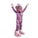 Child wearing full-body creature jumpsuit with dimensional spotted headpiece and gradient scale print