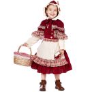 Girls Little Red Riding Hood costume with burgundy dress, cream apron and hooded cape