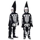 Full-body skeleton costume laid flat showing jumpsuit with attached cape, skull face hood and bone-print gloves