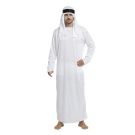 Adult mens Arabian sheikh costume with white robe and headpiece with black cord