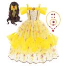 Yellow organza ball gown with gold trim and embroidered hemline