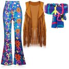 Womens groovy hippie costume with psychedelic flared pants and brown fringe vest