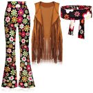 Womens 70s disco hippie costume with brown fringe vest and psychedelic floral bell-bottom pants
