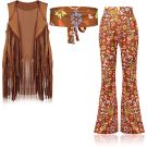 Womens 70s hippie disco costume with fringed tan vest and flared pants