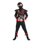 Child wearing full-body ninja jumpsuit with hood and martial arts accessories