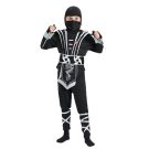 Boys black ninja warrior costume with padded chest armour and silver trim