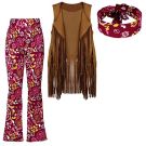 Womens 1970s hippie costume with burgundy floral bell-bottoms and tan fringe vest