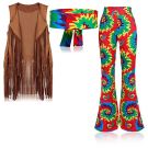 Womens 1970s hippie costume with brown fringed vest and tie-dye bell bottoms