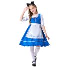 Royal blue satin dress with puffed sleeves and lace-up bodice detail for Book Week