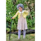 Kids grandma costume with yellow jacket and floral dress on white background