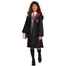 Girls wizard school costume with black hooded robe, grey top and skirt