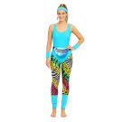 Womens 1980s aerobics costume with turquoise bodysuit and neon animal print leggings