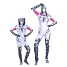 Form-fitting superhero bodysuit with hood eye motifs and white styling accents