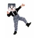 Kids pixel block character costume with black top, grey grid pants and foam mask