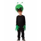 Kids alien costume with oversized green head and black jumpsuit front view