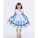 Girls Alice storybook costume dress in sky blue with white pinafore apron and playing card symbols
