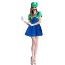 Adult ladies green plumber dress costume with blue suspender overlay and character hat