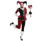 Adult harlequin jester costume with asymmetrical red black diamond pattern and three pointed hat