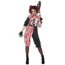 Adult horror circus clown costume with striped collar and asymmetrical pants