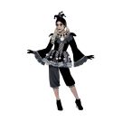 Adult gothic harlequin jester costume with ruffled collar and checkerboard trim