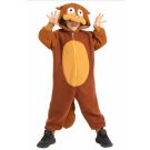 Child wearing brown bear onesie costume with hooded face and tail