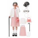 Kids grandma costume pink floral dress with white cardigan grey bun wig and accessories laid out for 100 Days of School