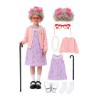 Kids grandma costume with curly grey wig pink hair rollers red cat eye glasses purple dress and accessories laid out