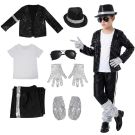 Boys 80s pop star costume 7 piece set with black jacket, fedora hat, white T-shirt, sunglasses, silver gloves, pants with silver side stripe and leg warmers