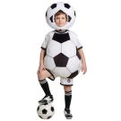 Kids soccer ball costume with padded black and white tunic and matching hood