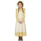 Girls pioneer prairie costume with yellow floral dress, cream apron and matching bonnet