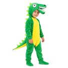 Kids green dinosaur costume jumpsuit with hood, googly eyes and spikes