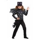 Kids pixel dragon costume with black jumpsuit, grey scales, purple-eyed mask and bat wings