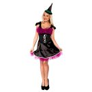Adult moonlight witch costume with black satin dress and hot pink tulle petticoat