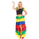 Adult Spanish dancer costume with rainbow tiered ruffle skirt and black crop top