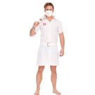 Adult caped crusader clown villain nurse costume with white dress and red cross emblem