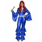 Blue metallic jumpsuit with triple-tiered flares on legs