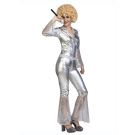 Full-body disco jumpsuit in silver with sequined cuffs and collar trim