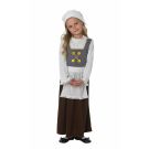Girls Victorian maid costume with white blouse, grey bodice, brown skirt and lace bonnet