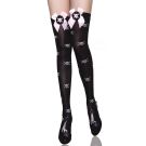 Adult black thigh-high stockings with skull print and pink checkered bow