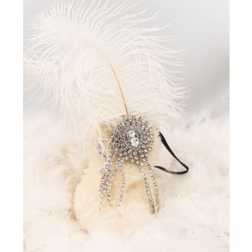 Adult Flapper Headband - White Feather 1920s Gatsby Headpiece with Rhinestones