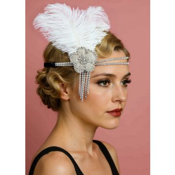1920s Flapper Headband – White Feather & Rhinestone Floral Fringe