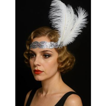 White Flapper Headband – 1920s Sequin & Feather Star Accessory