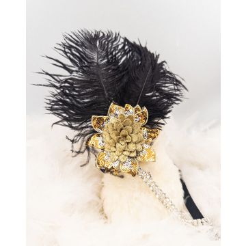 Adult Gold Flapper Headband - 1920s Gatsby Feather Rhinestone Headpiece