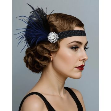 1920s Gatsby Headband – Navy Feather & Pearl Vintage Accessory
