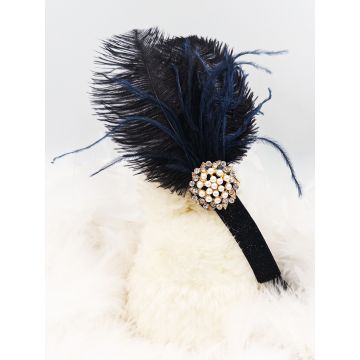 Adult Navy Feather Gatsby Headband with Pearl Rhinestone Brooch - 1920s Flapper