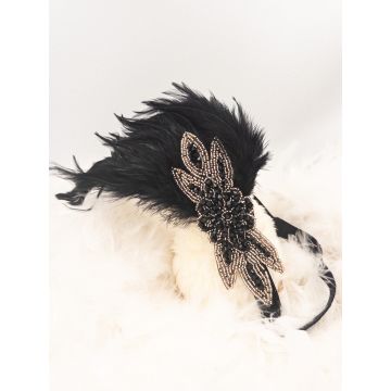 Adult 1920s Flapper Headband – Black Feather & Silver Beaded Art Deco Gatsby